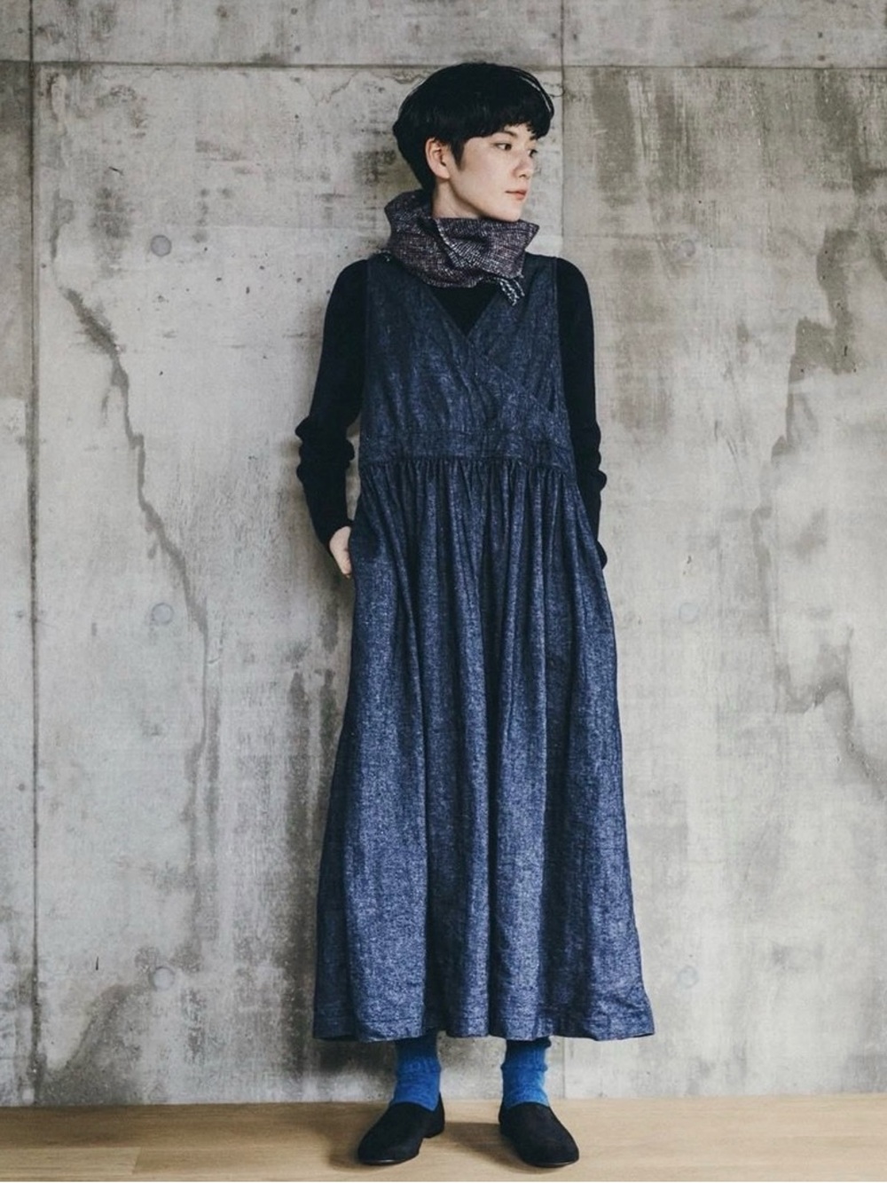🆕 Fog Linen Work Boel Apron Dress Reversible Recycled Wool Linen Navy Denim OS